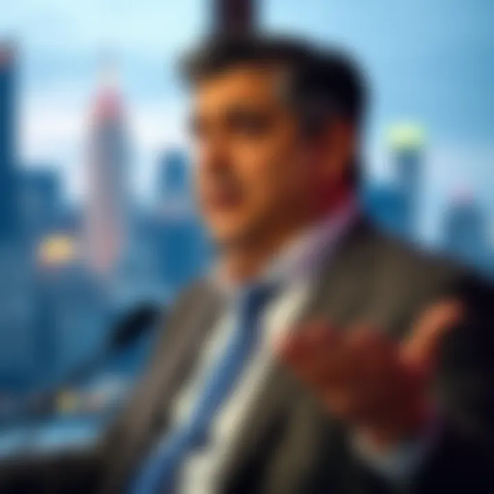 Arif Naqvi speaking at a business conference with city skyline in the background