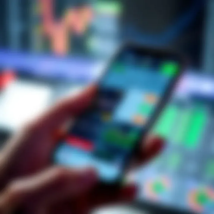 Smartphone screen displaying a trading app interface with various stock charts and market indicators