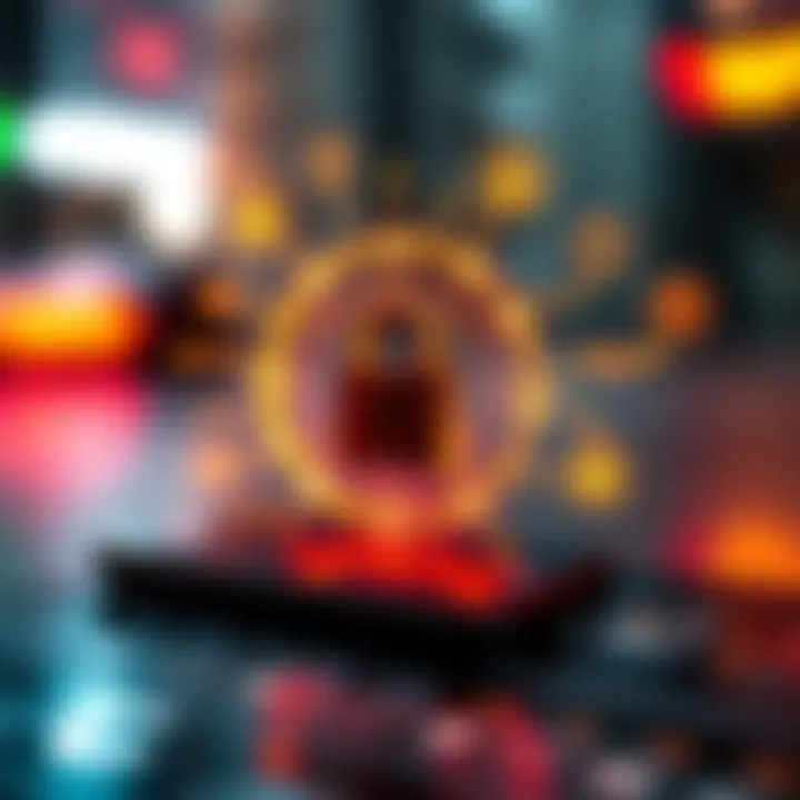 Illustration of secure communication with digital locks and cryptocurrency graphics around a smartphone