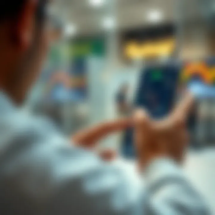 User interacting with a mobile trading application displaying charts and financial data