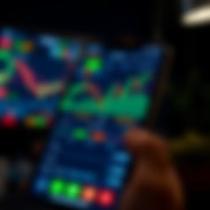 Mobile device screen displaying trading app interface with candlestick charts and buy-sell options