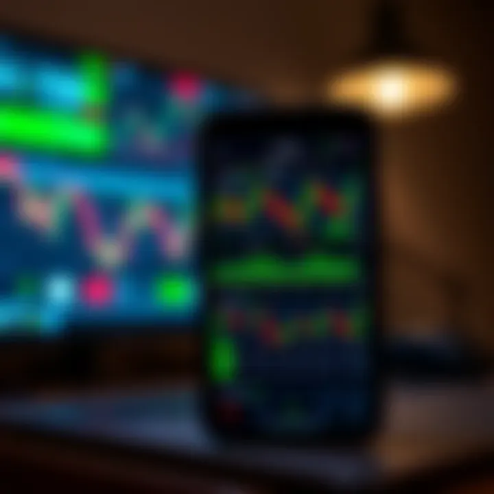 Mobile device displaying Pakistani trading app interface with market charts and data