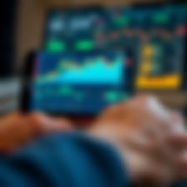 User interface displaying various trading charts and graphs on a mobile device