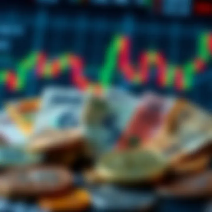 Diverse currencies from different countries displayed on a financial chart background