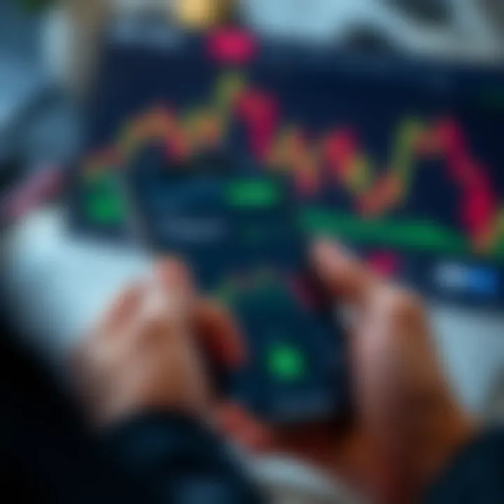 Mobile phone displaying trading app dashboard with charts and statistics