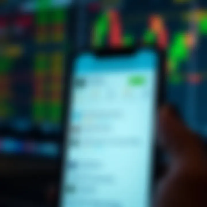 Mobile phone displaying a list of top trading apps with ratings and features highlighted