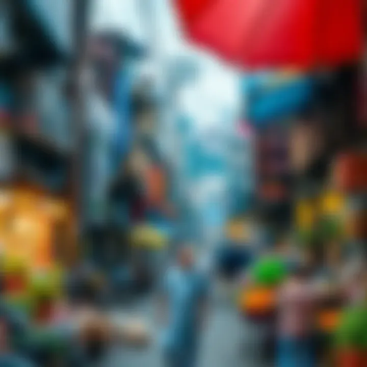 A bustling urban marketplace showcasing diverse storefronts and vibrant commercial activity in a Pakistani city