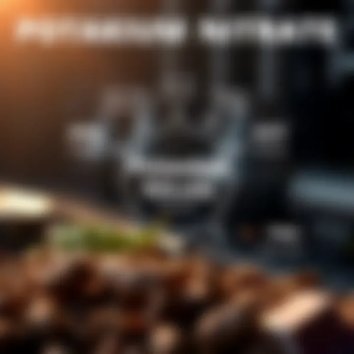 Diagram showing industrial uses of potassium nitrate including agriculture, fireworks, and food preservation