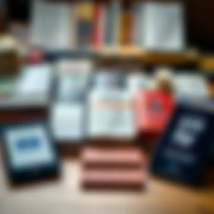 Collection of trading books laid out with digital devices showing PDF downloads