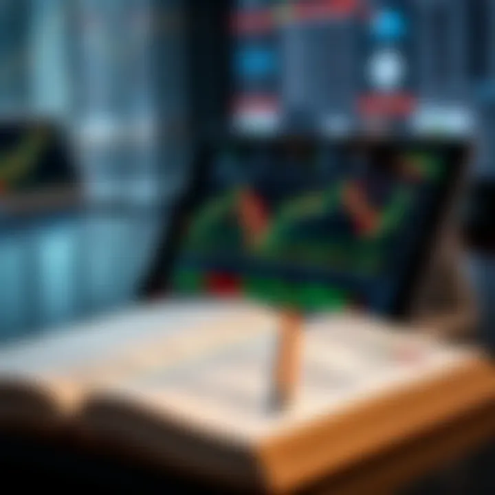 Open trading book and digital tablet displaying market charts and analysis