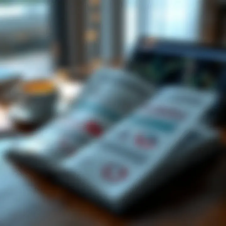 Open book displaying financial charts and trading concepts with a laptop and coffee on desk