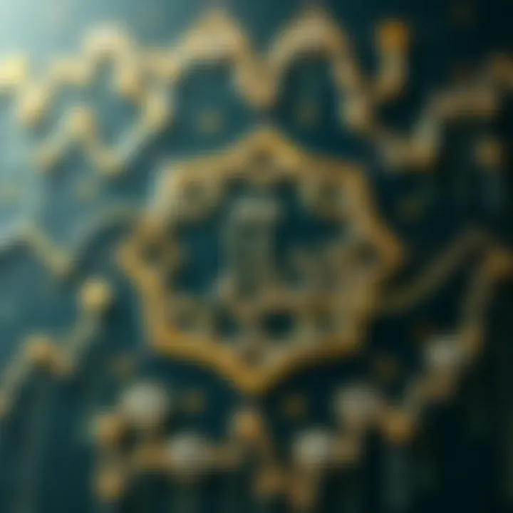 Islamic geometric patterns with digital currency symbols representing halal financial principles