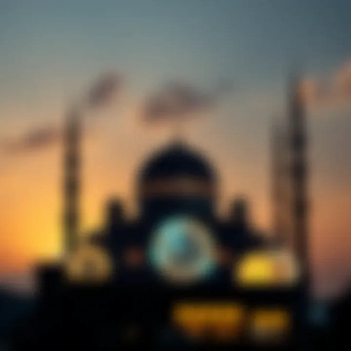 Cryptocurrency and Islamic Finance Integration in the Muslim Community Digital currency icons overlaying a mosque silhouette representing the integration of cryptocurrency with Islamic finance