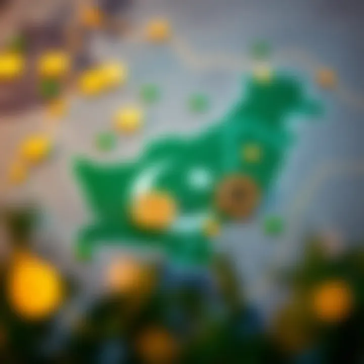 Map highlighting Pakistan with digital financial symbols depicting the growing adoption of cryptocurrency within the country's Muslim population