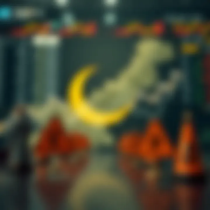 Abstract illustration of cryptocurrency trading with warning symbols and compliance signs against Pakistan's regulatory backdrop