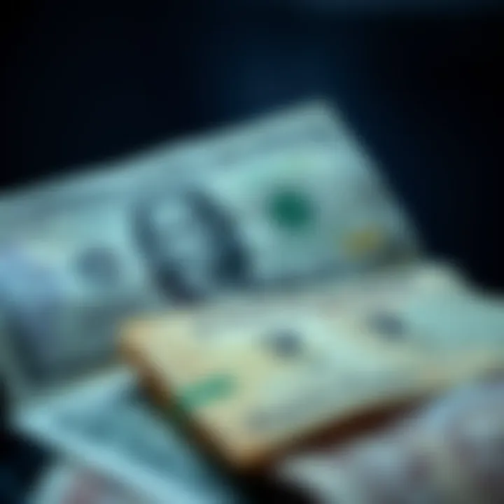 Illustration of US dollar bills and Pakistani rupee notes with exchange rate symbols