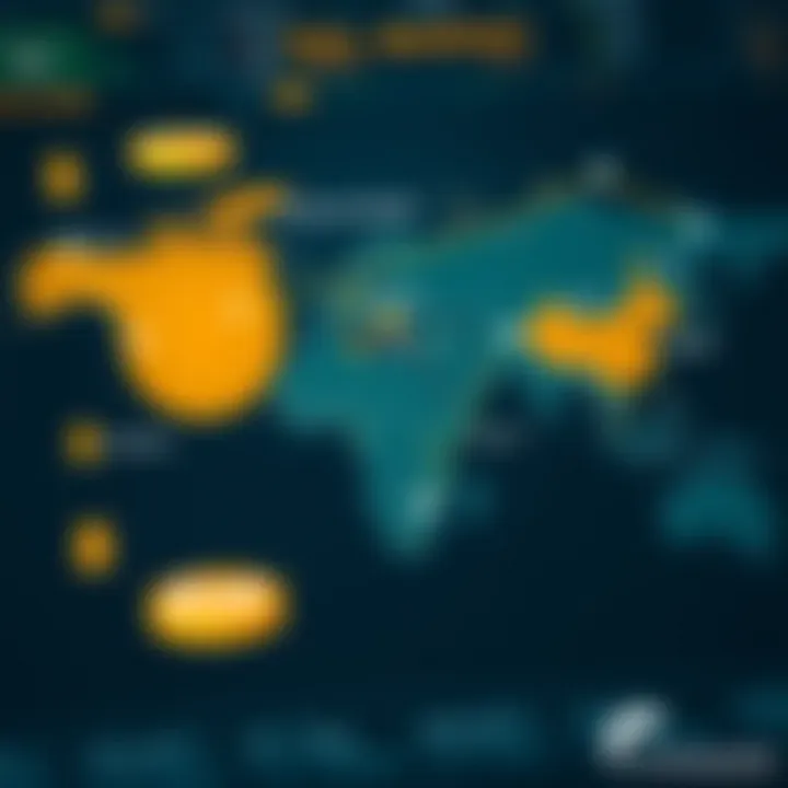 World map highlighting key economic regions affecting gold market with currency symbols