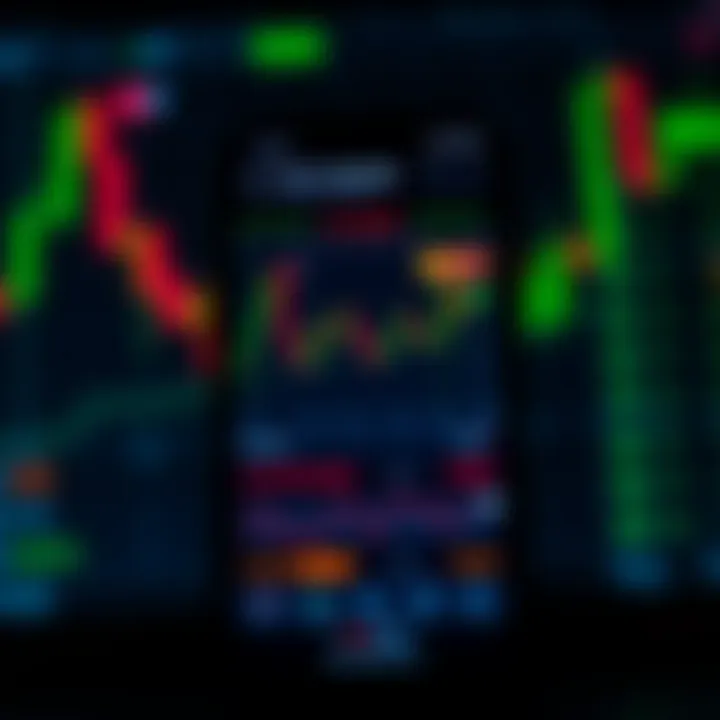 Smartphone screen displaying a trading app interface with graphs and currency symbols