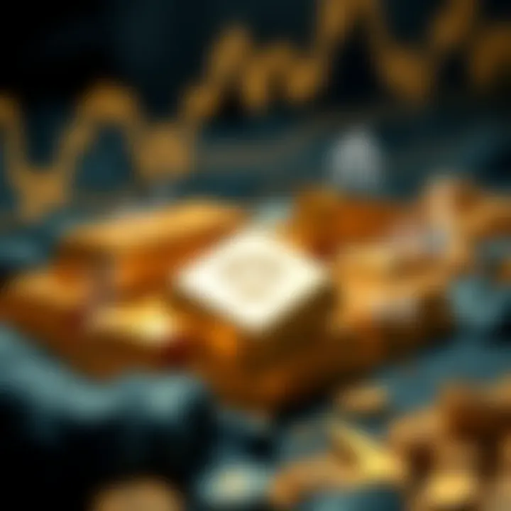 Illustration of gold bars with symbols representing global and local economic factors