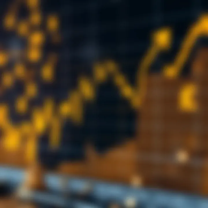Graph showing upward and downward trends in gold prices with currency symbols in the background