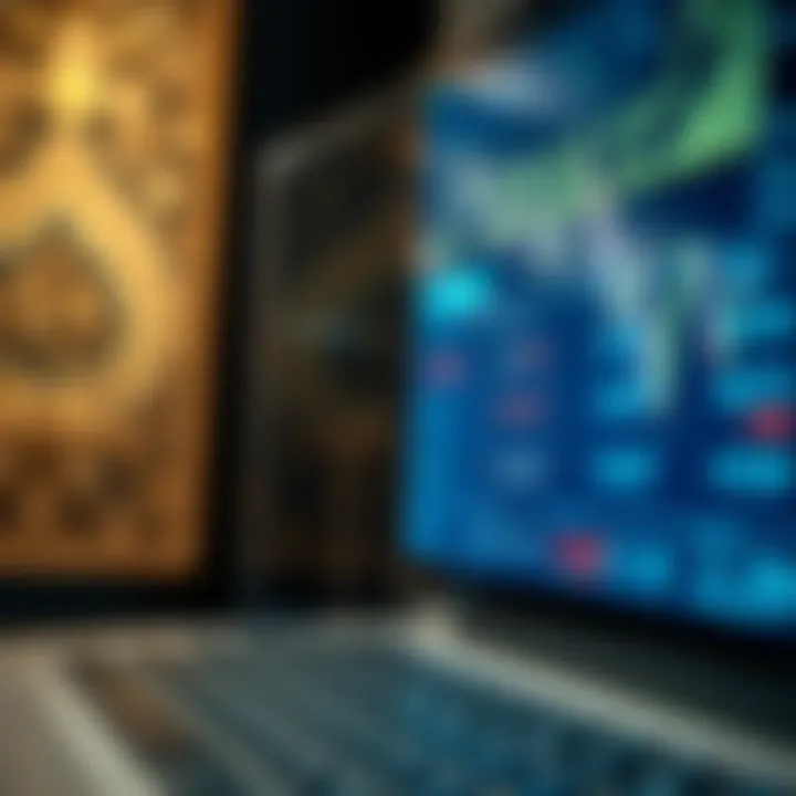 Currency exchange rates on a digital screen with Islamic calligraphy background