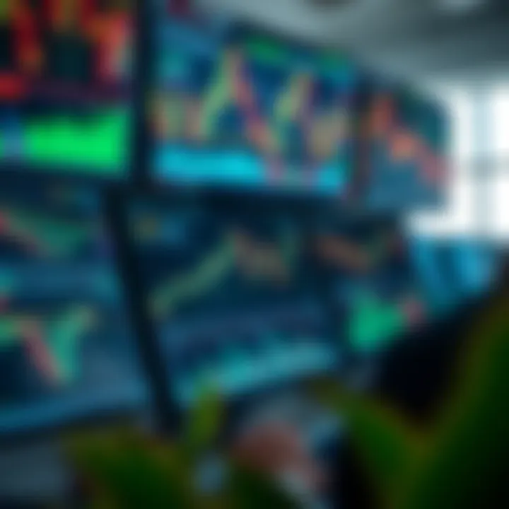 Digital trading platforms displaying various financial market charts and data