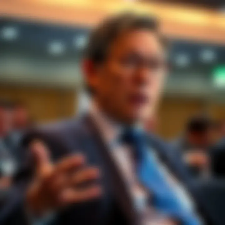 Larry Fink delivering a keynote speech on sustainable investment strategies at a global finance conference