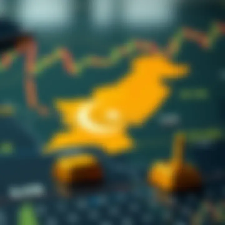 Map highlighting Pakistan with gold bars and market data overlay