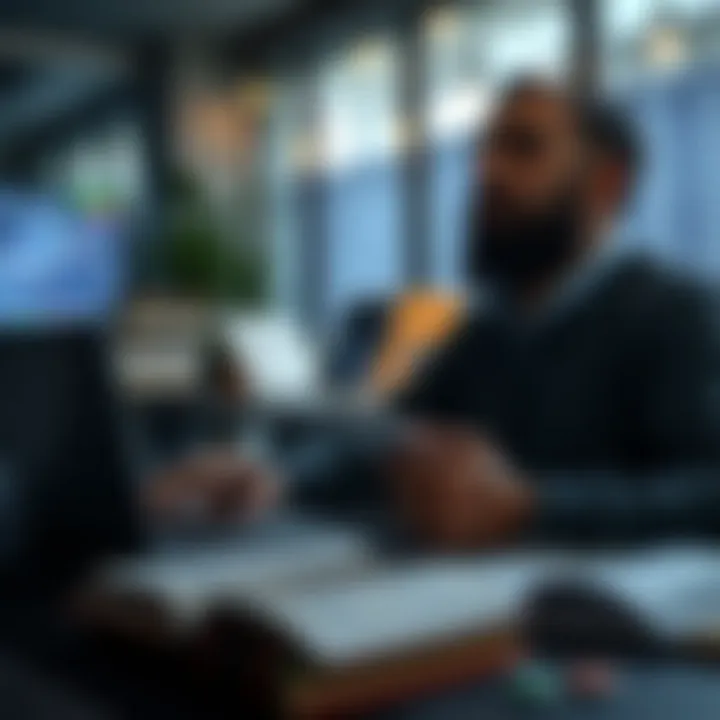Pakistani investor analyzing digital assets with Islamic finance books and a laptop