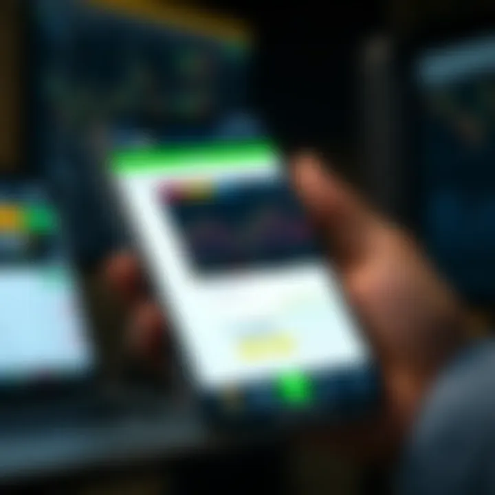 Mobile device displaying various online trading app interfaces with charts and portfolio summaries