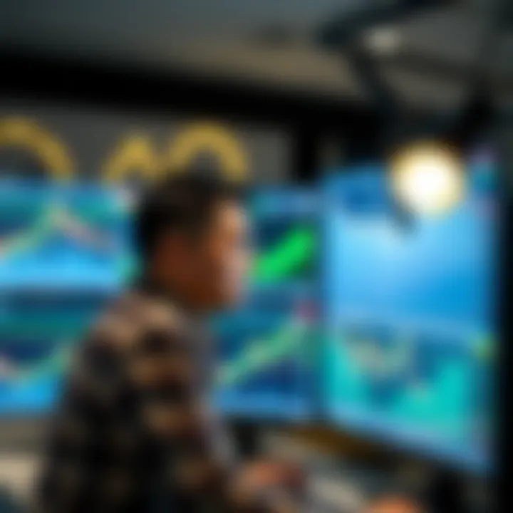 Illustration of a trader analyzing financial charts on multiple monitors