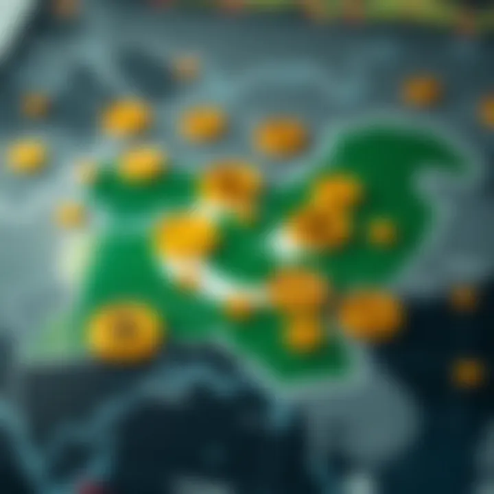 Digital representation of cryptocurrency symbols overlaid on the map of Pakistan highlighting the country's market focus