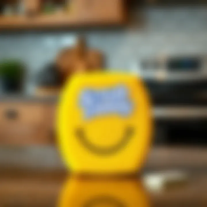 Bright yellow smiley-faced cleaning sponge on a kitchen countertop
