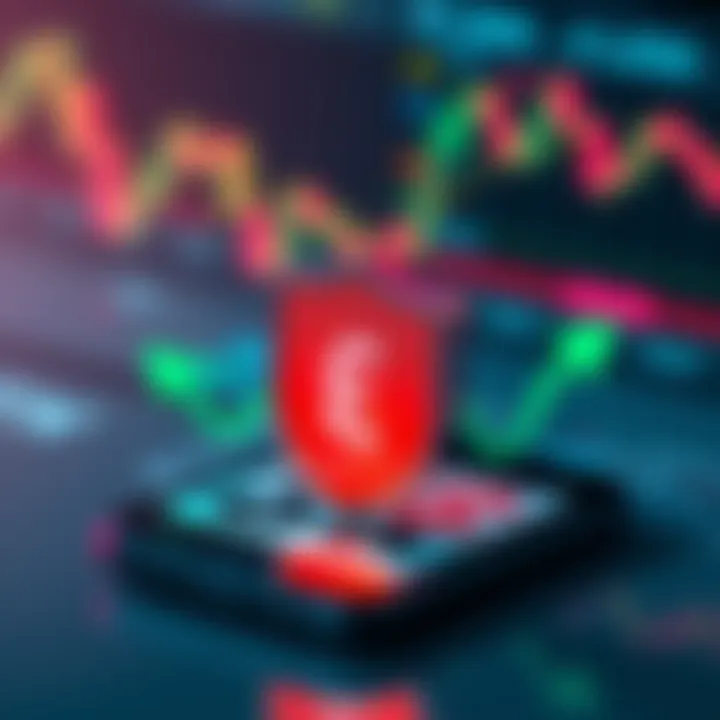Illustration of secure mobile trading showing shield symbol over smartphone with currency icons