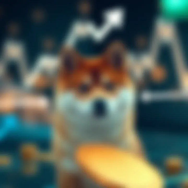 Illustration of digital tokens representing Shiba Inu cryptocurrency with arrows indicating factors influencing growth and risks