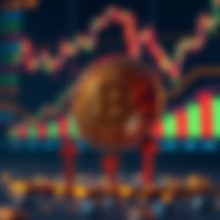 Digital representation of Bitcoin symbol with upward and downward arrows indicating market volatility