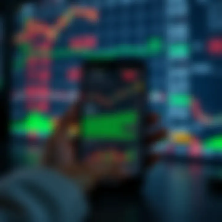 Mobile device displaying various financial charts and stock market data