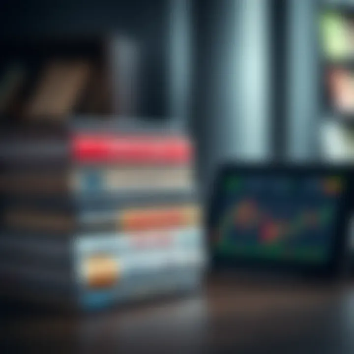 Collection of trading books stacked beside a tablet showing market analysis graphs