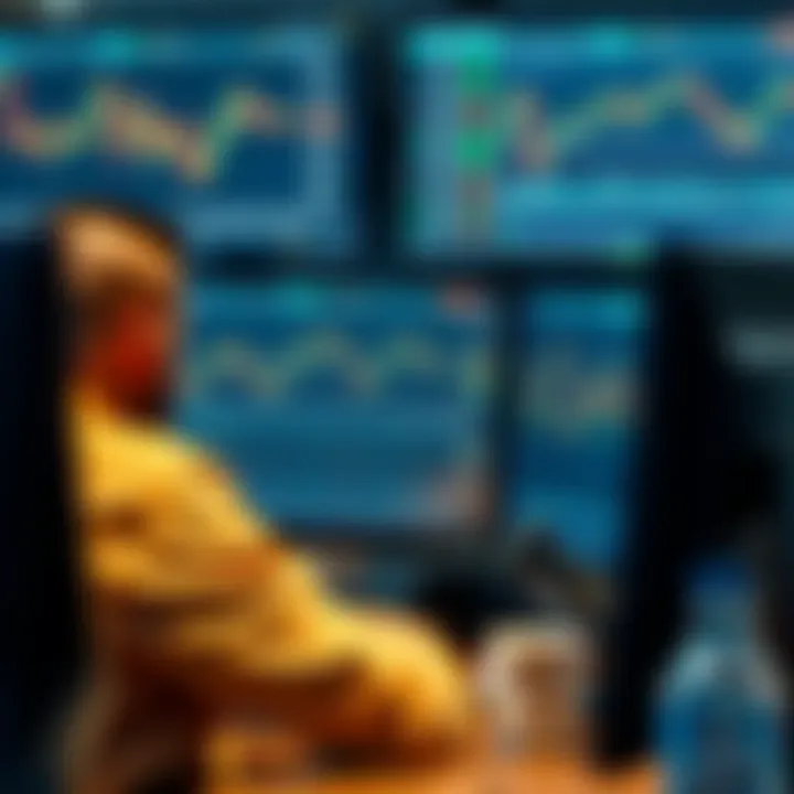 Illustration showing a trader monitoring multiple financial charts and market data on computer screens