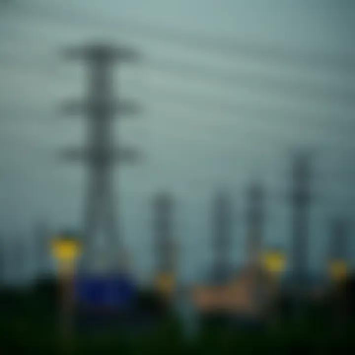 Power plant with transmission lines showing electrical energy distribution