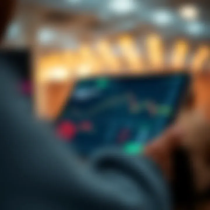 Digital interface displaying stock market charts and trading options on a mobile device