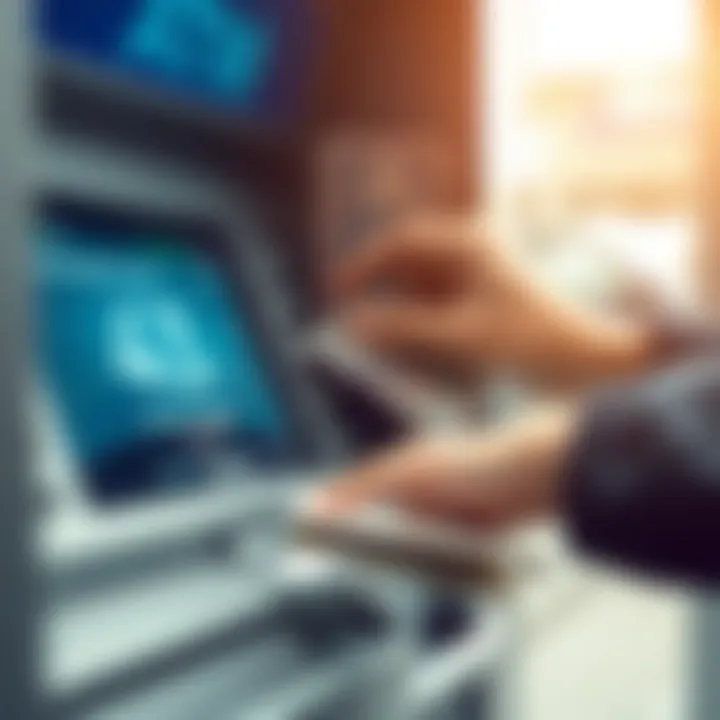 Illustration showing a person withdrawing money from an ATM with visible banknotes and digital screen