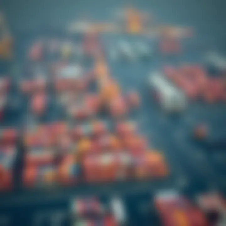 Aerial view of a large industrial complex with shipping containers and cranes symbolizing global trade and commerce